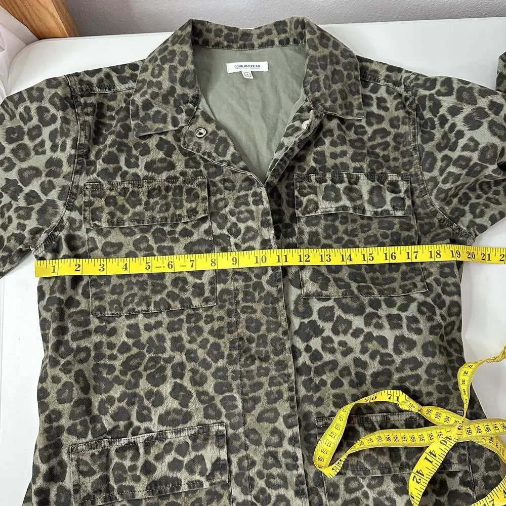 Good American Jacket Womens Medium‎ Green Utility Leopard Pockets Snap Boxy - Picture 9 of 11